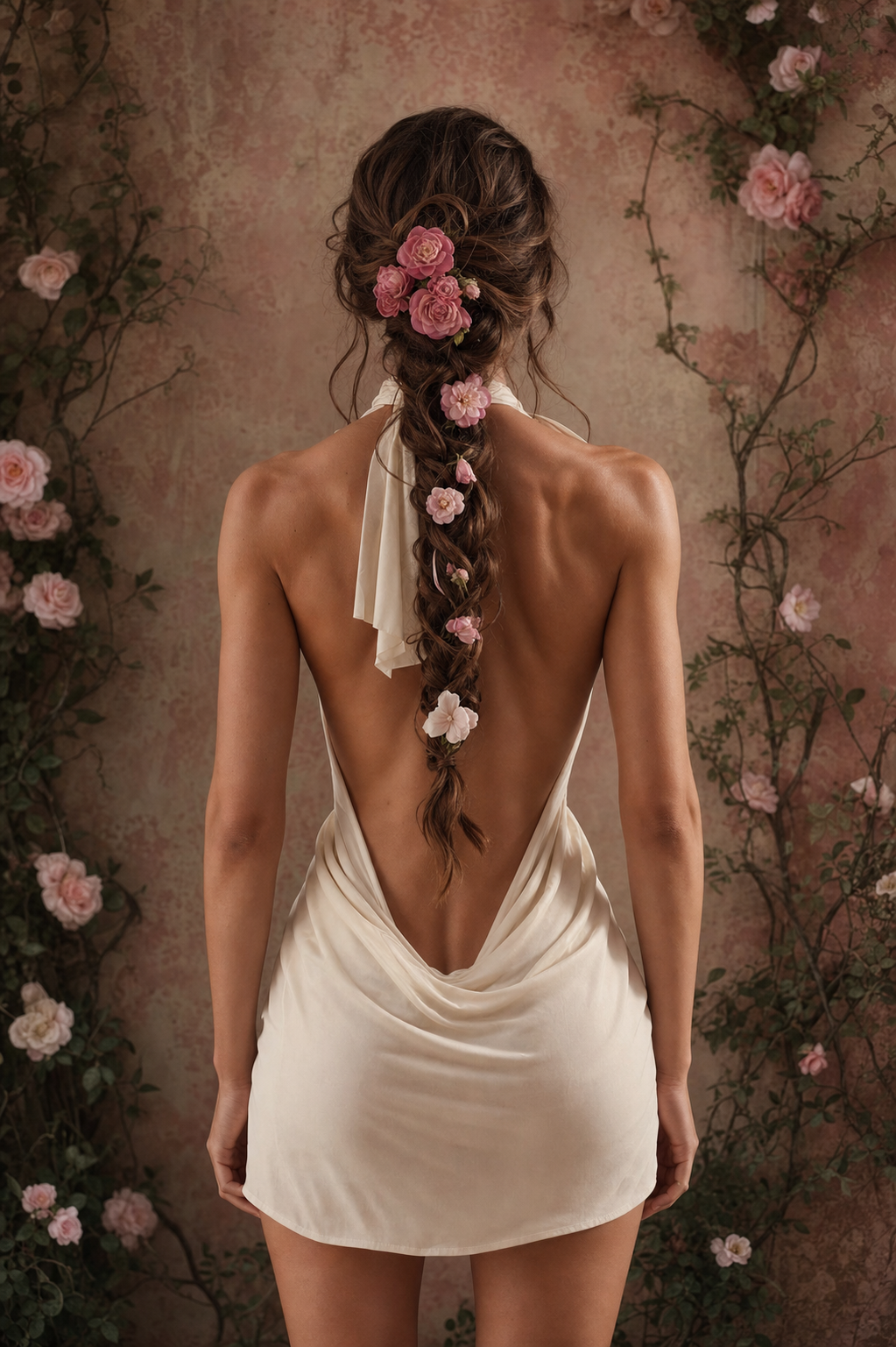 Camellia — a woman with long flowing hair and a veil of camellia flowers